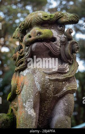 Statue des Shishibana Lion-Dog auf der Treppe zum Enoshima Shrine in Japan Stockfoto