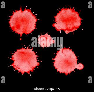 Blut spritzt realistische Blutflecken. Blut- oder Farbspritzer isoliert auf Schwarz Stockfoto