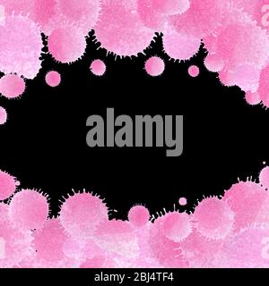 Rahmen aus Aquarell rosa Blobs isoliert auf schwarzem Hintergrund. Bunte Farbe Tropfen Textur. Leerer Kopierspeicher Stockfoto