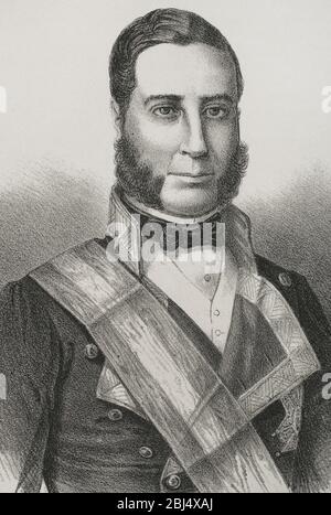 Casto Mendez Nuñez (1824-1869). Spanische Marine und Militär. Admiral der spanischen königlichen Armee. Hochformat, Detail. Illustration von Letre. Lithographie. Cronica General de España. Historia Ilustrada y Descriptiva de sus Provincias. Galicien, 1866. Stockfoto