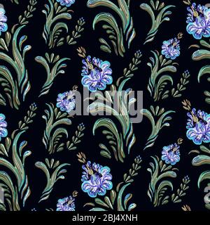 Nahtlose Blumenmuster auf dunklem Hintergrund. Illustration. Stockfoto