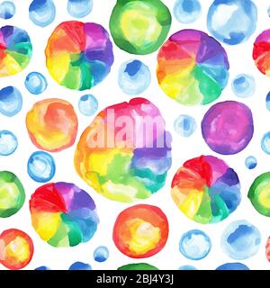 Aquarell Regenbogen wiederholtes Muster. Abstrahiert gerundete Blasen nahtlose Muster. Handbemalte Illustration. Stockfoto