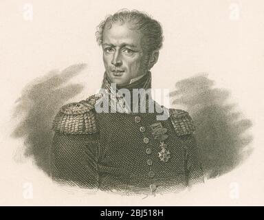 Antiker Stich, Antoine Drouot. General Antoine Drouot, Comte Drout (1774-1847) war ein französischer Offizier, der in den französischen Revolutionskriegen und Napoleonischen Kriegen kämpfte. QUELLE: ORIGINALGRAVUR Stockfoto