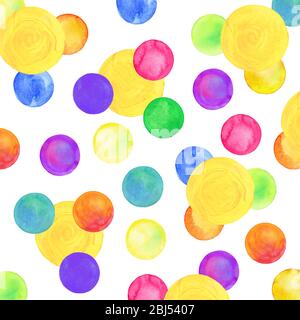 Abstraktes Aquarellmuster mit bunten Kreisen. Chaotische Wasserfarben Pastellpunkte. Stockfoto