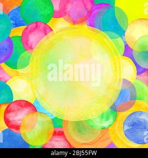 Aquarell Konfetti auf weißem Hintergrund. Farbenfroher Rahmen mit Wasserfarben-Punkten. Bunte Aquarell Punkt Hintergrund. Pastell Tupfen Hintergrund Stockfoto