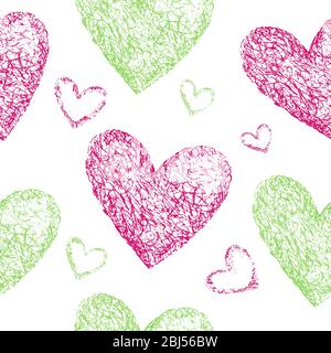 Rosa, grüne Herzen nahtloses Muster. Handgezeichnete Illustration. Vintage-Hintergrund. Valentine Hintergrund. Stockfoto