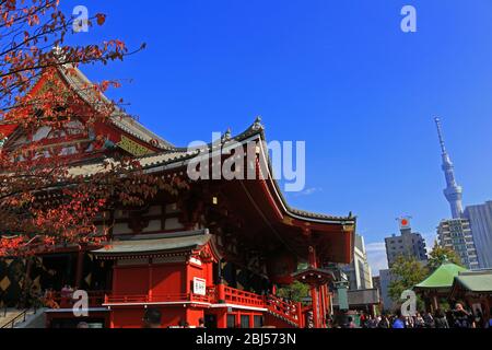 Landschaft des Asakusa Sensoji Temple, eine berühmte Touristenattraktion in Tokio, die mit vielen Menschen überfüllt ist Stockfoto