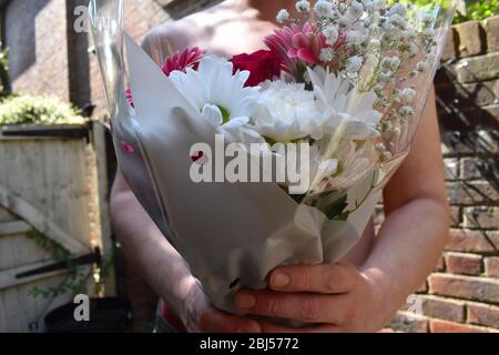 Männliche Hände halten rote Rosen Gerbera Gänseblümchen Nelken einzelne Blume oder Blumenstrauß kann Liebe Erinnerung Entschuldigung Unterstützung oder nachdenklich Geste auszudrücken Stockfoto