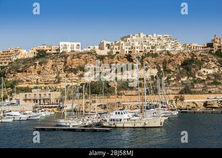 Yachten vor Anker in Hafen, Mgarr, Gozo Stockfoto