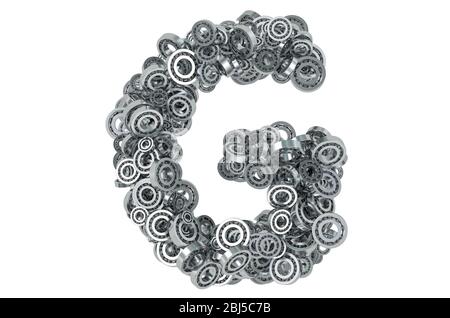 Buchstabe G aus Stahllagern, 3D-Rendering isoliert auf weißem Hintergrund Stockfoto