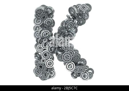 Buchstabe K aus Stahllagern, 3D-Rendering isoliert auf weißem Hintergrund Stockfoto