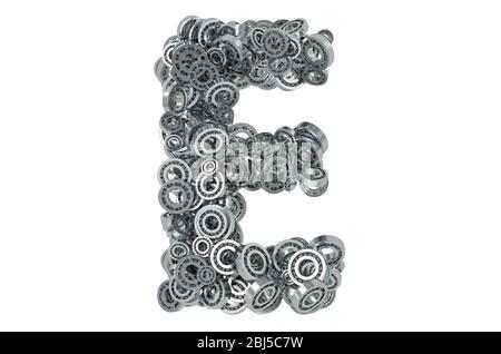 Buchstabe E aus Stahllagern, 3D-Rendering isoliert auf weißem Hintergrund Stockfoto