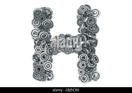 Buchstabe H aus Stahllagern, 3D-Rendering isoliert auf weißem Hintergrund Stockfoto