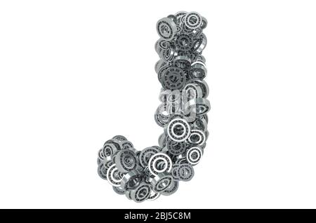 Buchstabe J aus Stahllagern, 3D-Rendering isoliert auf weißem Hintergrund Stockfoto