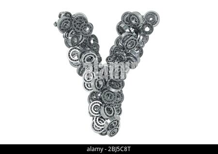 Buchstabe Y aus Stahllagern, 3D-Rendering isoliert auf weißem Hintergrund Stockfoto