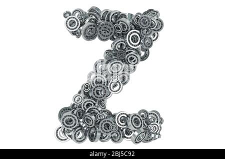 Buchstabe Z aus Stahllagern, 3D-Rendering isoliert auf weißem Hintergrund Stockfoto