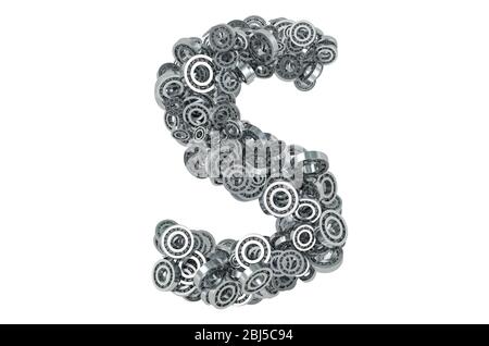 Buchstabe S aus Stahllagern, 3D-Rendering isoliert auf weißem Hintergrund Stockfoto