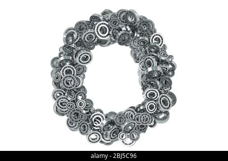 Buchstabe O aus Stahllagern, 3D-Rendering isoliert auf weißem Hintergrund Stockfoto