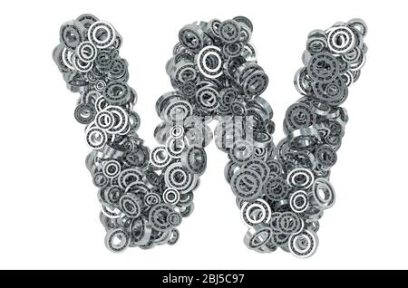 Buchstabe W aus Stahllagern, 3D-Rendering isoliert auf weißem Hintergrund Stockfoto