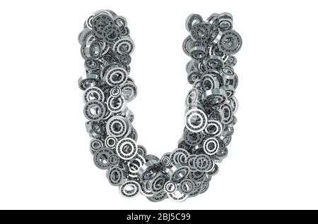 Buchstabe U aus Stahllagern, 3D-Rendering isoliert auf weißem Hintergrund Stockfoto