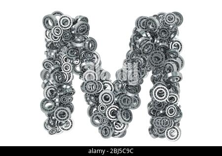 Buchstabe M aus Stahllagern, 3D-Rendering isoliert auf weißem Hintergrund Stockfoto