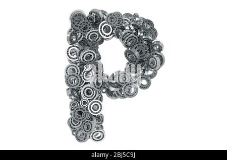 Buchstabe P aus Stahllagern, 3D-Rendering isoliert auf weißem Hintergrund Stockfoto