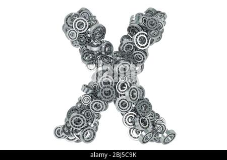 Buchstabe X aus Stahllagern, 3D-Rendering isoliert auf weißem Hintergrund Stockfoto
