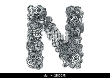 Buchstabe N aus Stahllagern, 3D-Rendering isoliert auf weißem Hintergrund Stockfoto