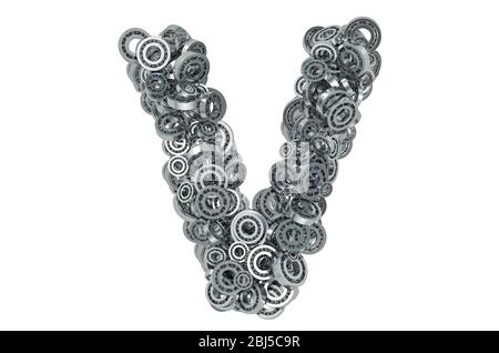 Buchstabe V aus Stahllagern, 3D-Rendering isoliert auf weißem Hintergrund Stockfoto