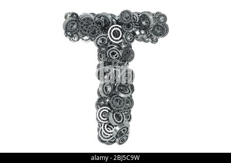 Buchstabe T aus Stahllagern, 3D-Rendering isoliert auf weißem Hintergrund Stockfoto