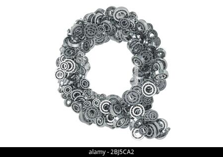 Buchstabe Q aus Stahllagern, 3D-Rendering isoliert auf weißem Hintergrund Stockfoto