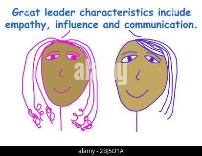 Farbige Karikatur zeigt zwei afroamerikanische Geschäftsfrauen, die behaupten, dass große Führungskräfte Empathie, Einfluss und Kommunikation zeigen. Stockfoto