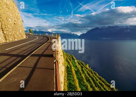 Lavaux, Schweiz: Autobahn mit herrlichem Bergblick am Genfer See, Kanton Waadt Stockfoto