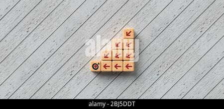 Gestapelte Würfel mit Pfeilsymbolen, die auf ein Ziel auf Holzhintergrund zeigen - 3D-Darstellung Stockfoto