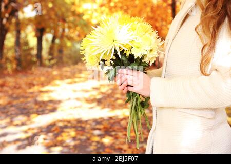 Frau mit schönen Herbst Bouquet mit Chrysanthemen Blumen im Park Stockfoto