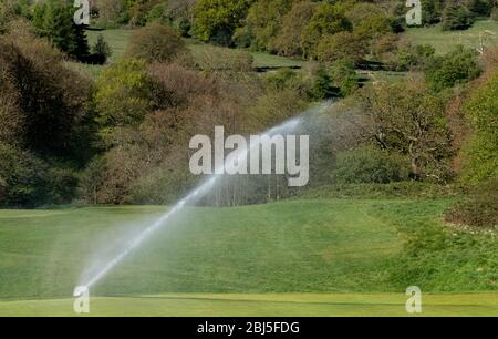 Ein Bewässerungssystem, das einen Golfplatz bewässert. Stockfoto