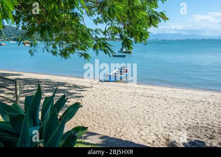 Schöne Strandlandschaft in Brasilien. Ruhiges türkisfarbenes Meer mit Fischerbooten und Segelbooten, die in der Nähe des Ufers liegen. Foto mit Platz für Text. Konzept von Stockfoto