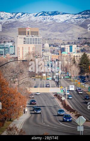 Blick auf die Innenstadt von Boise, wie aus dem Boise Train Depot im Winter. Stockfoto