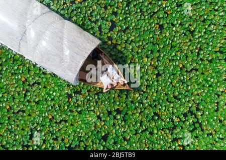 Luftaufnahme eines verliebten Paares, Männer und Frauen, die in einem Boot mitten im Skadar See liegen. Stockfoto