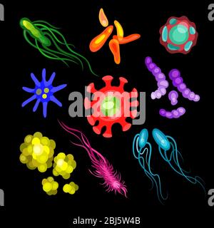 Nette Bakterien, Virus, Keim Zeichentrickfigur gesetzt. Mikroben und Krankheitserreger-Vektorsymbole isoliert auf Hintergrund. Stock Vektor
