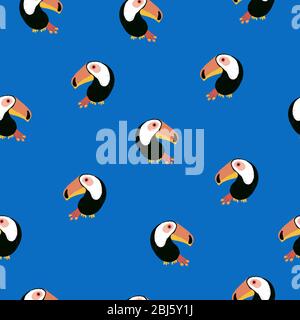 Nahtlose Muster Tukane auf blau. Exotische tropische Vögel auf blauem Hintergrund. Wiederholende Sommer-Design für Stoff, Tapete, Oberflächengestaltung, Strandkleidung Stockfoto