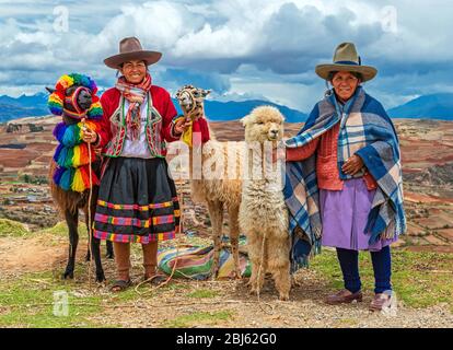 Ein ländliches Porträt von indigenen Quechua Frauen in traditioneller Kleidung mit ihren Haustieren, zwei Lama und ein Alpaka, Sacred Valley, Cusco, Peru. Stockfoto