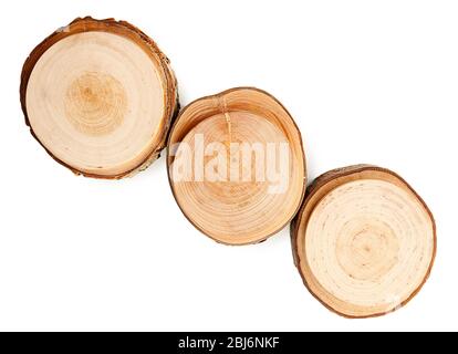 Holz runde Scheiben, isoliert auf weiß Stockfoto