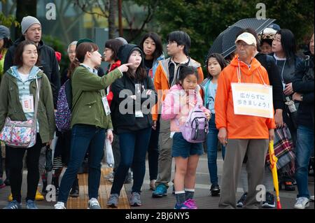 Gruppe von Menschen, die geduldig auf der Straße im Harajuku-Viertel in Tokio, Japan stehen. Stockfoto