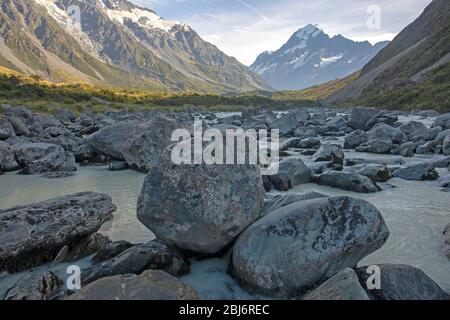 Der Hooker River und Aoraki/Mt Cook Stockfoto