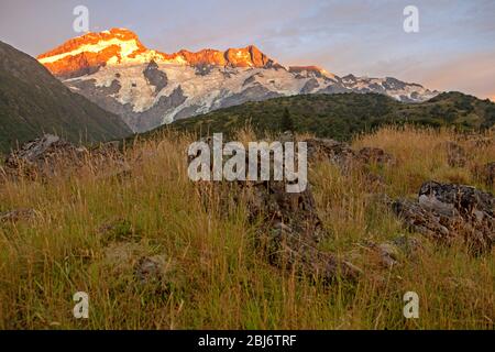 Morgenlicht auf dem Mt Sefton aus dem Hooker Valley Stockfoto