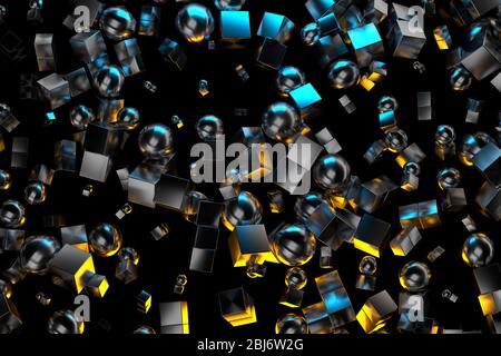 Abstrakter Hintergrund mit fliegenden Metallkisten und Kugeln auf schwarzem Hintergrund. 3d-Illustration Stockfoto