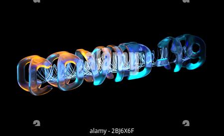 Coronavirus COVID-19 Schriftzug aus Glas und fliegenden Partikeln. Medizin Konzept isoliert auf schwarzem Hintergrund 3d-Illustration Stockfoto