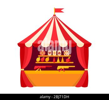 Vergnügungspark, Schießstand Galerie flache Illustration für Spiel. Zielflasche, Ballon und Apfel. Flaches Design mit Darstellung auf dem Fairground. Sommer Kinder Spaß Zeit im Freien Freizeit. Zeichentrickvektor Stock Vektor