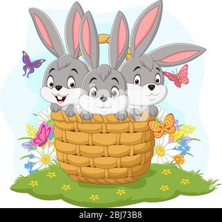 Drei Kaninchen Karikatur im Korb Stock Vektor